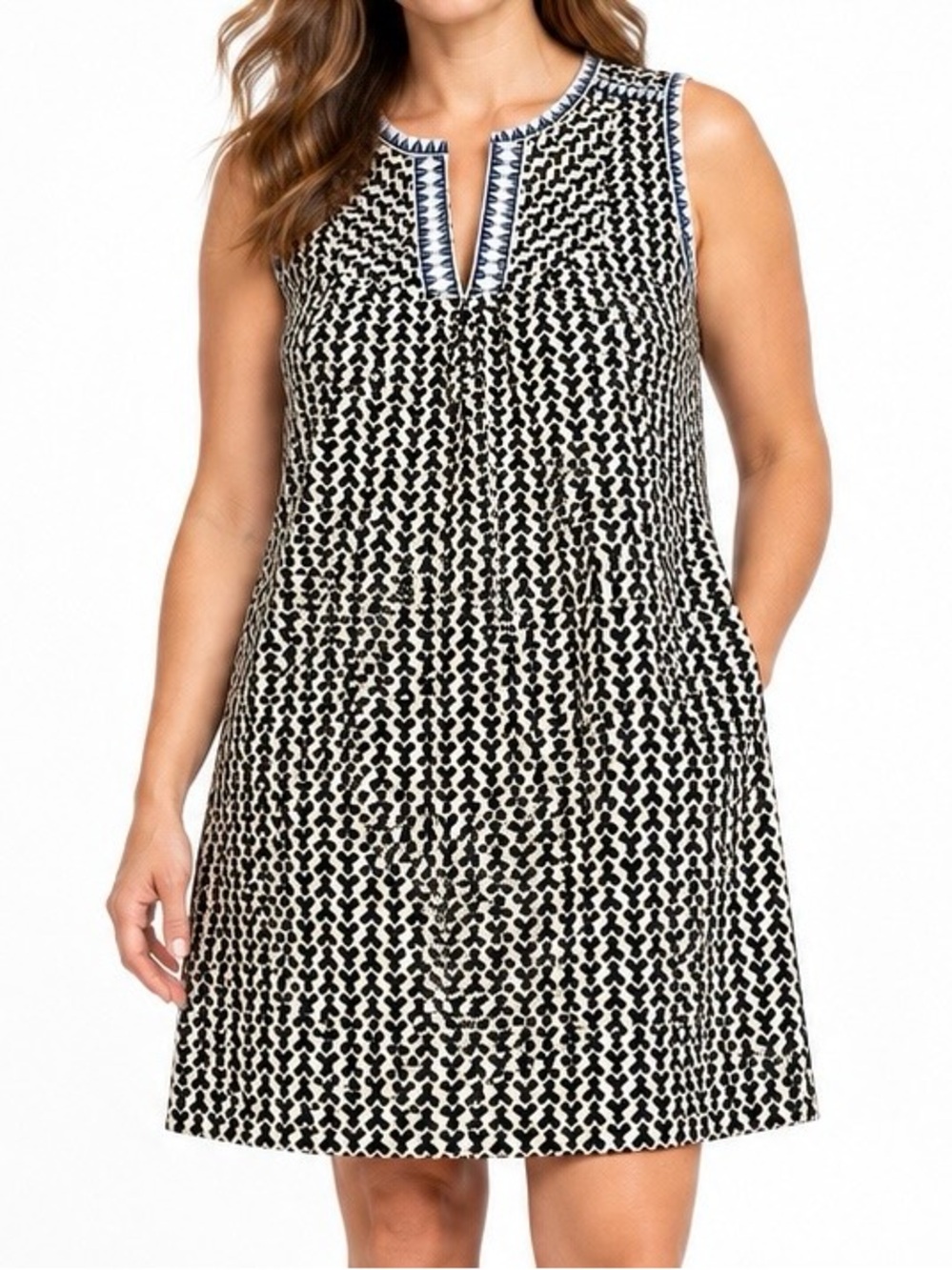 J.Crew Size 14 Black Cream Geometric Sleeveless Shift Dress Embroidered
